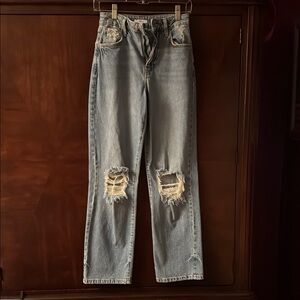 Forever 21 Blue Straight Leg Jeans with Distressed Details